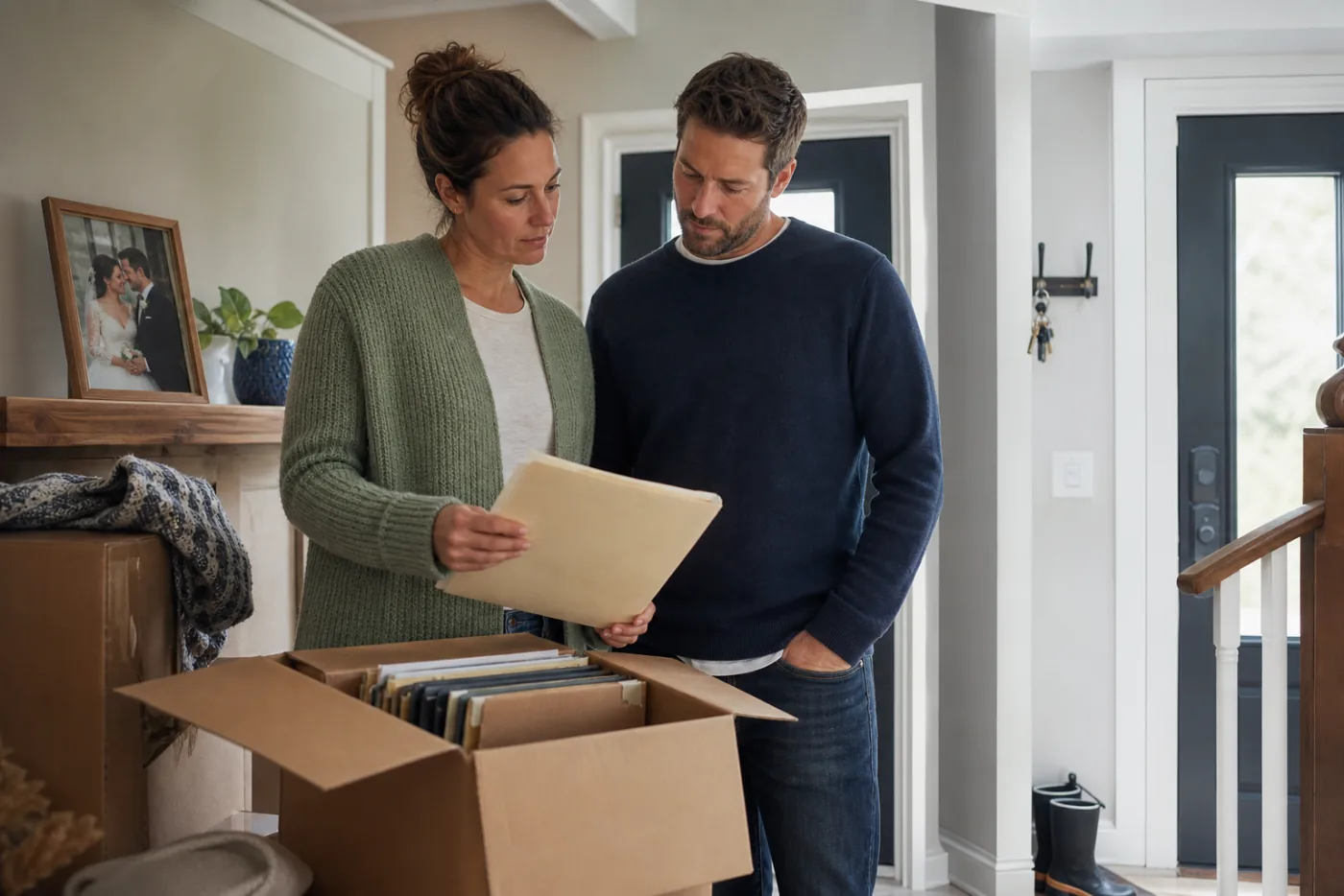 Married couple unpacking records in a new townhouse and reviewing an older agreement after life changes