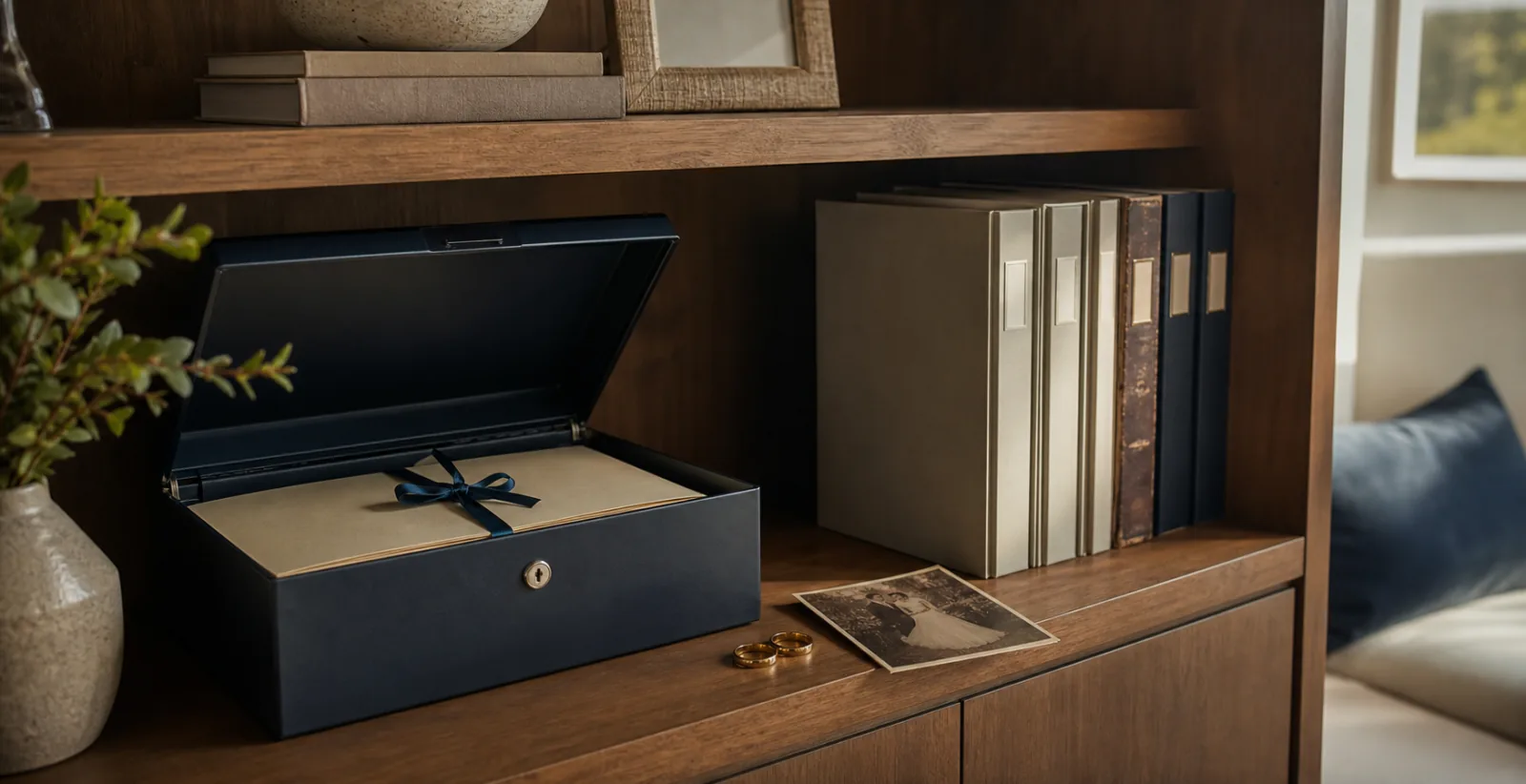 Open fire-resistant document box holding a long-kept marriage agreement beside wedding rings and an old wedding photograph