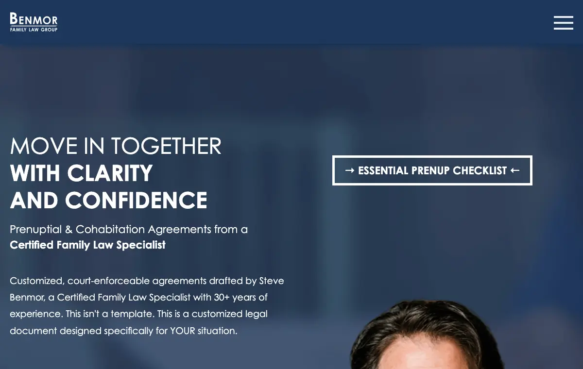 Screenshot of the Benmor Family Law Group prenup service page.
