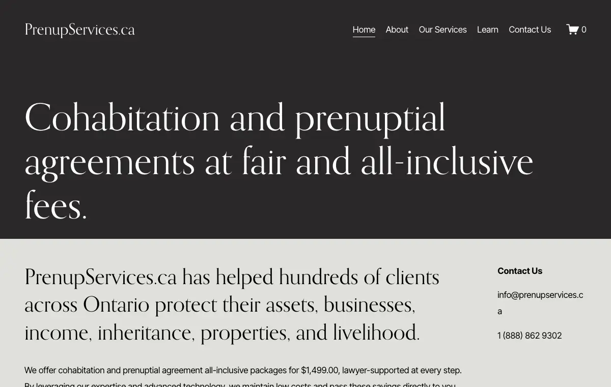 Screenshot of the PrenupServices.ca Toronto law firm homepage.
