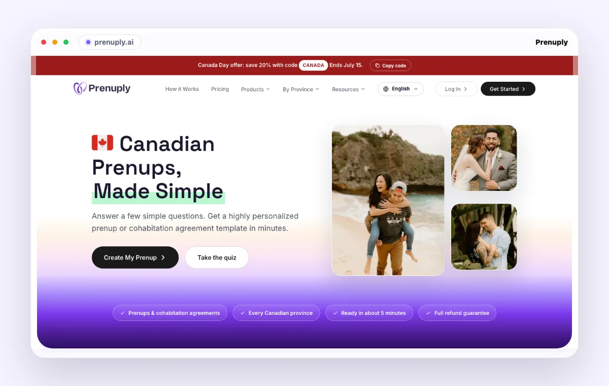 Screenshot of the Prenuply Canadian prenup drafting platform.