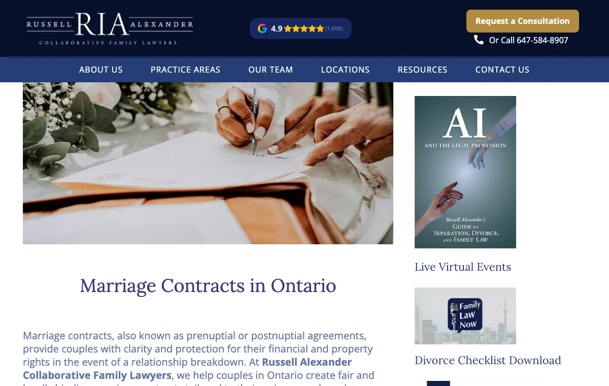 Screenshot of the Russell Alexander Ontario marriage contracts page.